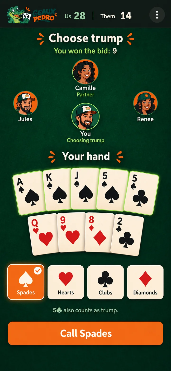 Choose trump: the winning bidder picks Spades from four suit tiles while the spades in their hand glow green.