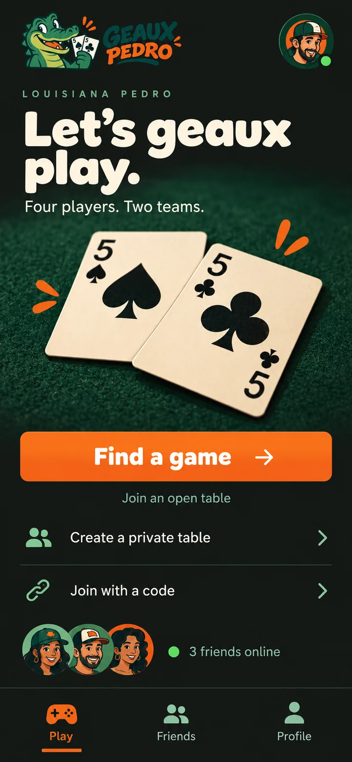 The home screen: a pair of fives on green felt above a Find a game button, with options to create a private table or join with a code.